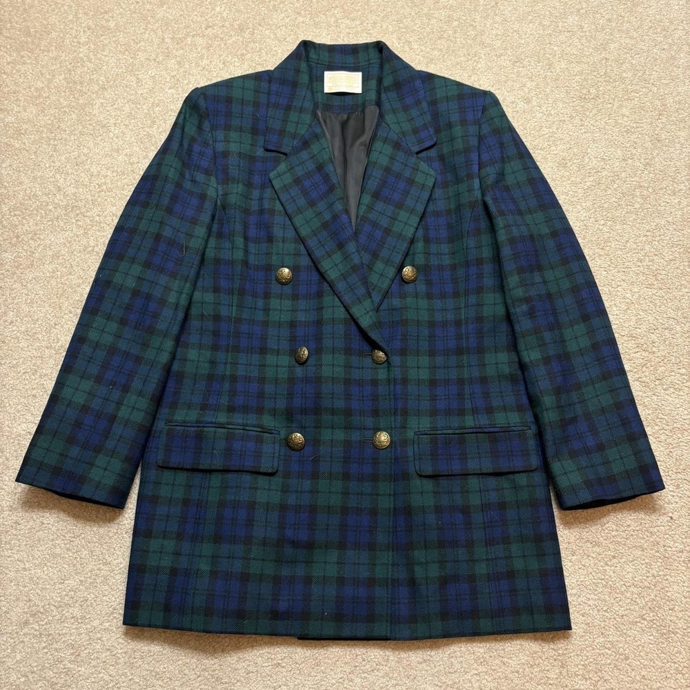 Vtg Pendleton Blazer Jacket Womens 8 Green Wool Plaid Gold Button USA 70s 80s